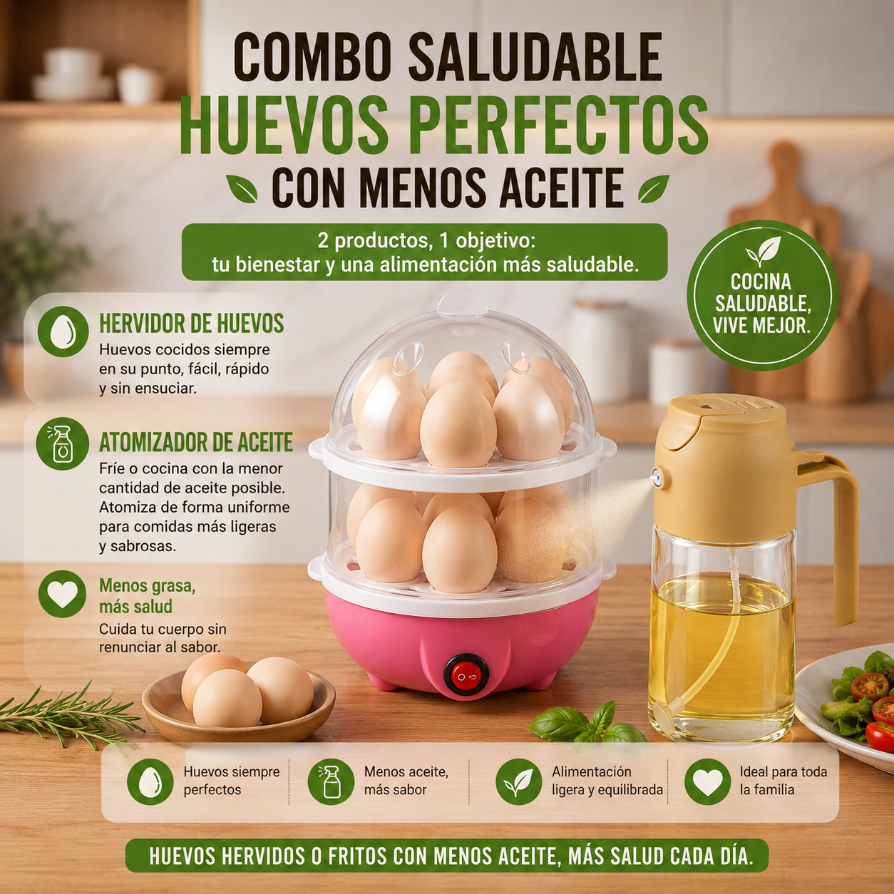 🥚🍳 COMBO SALUDABLE: HERVIDOR DE HUEVOS + ATOMIZADOR DE ACEITE