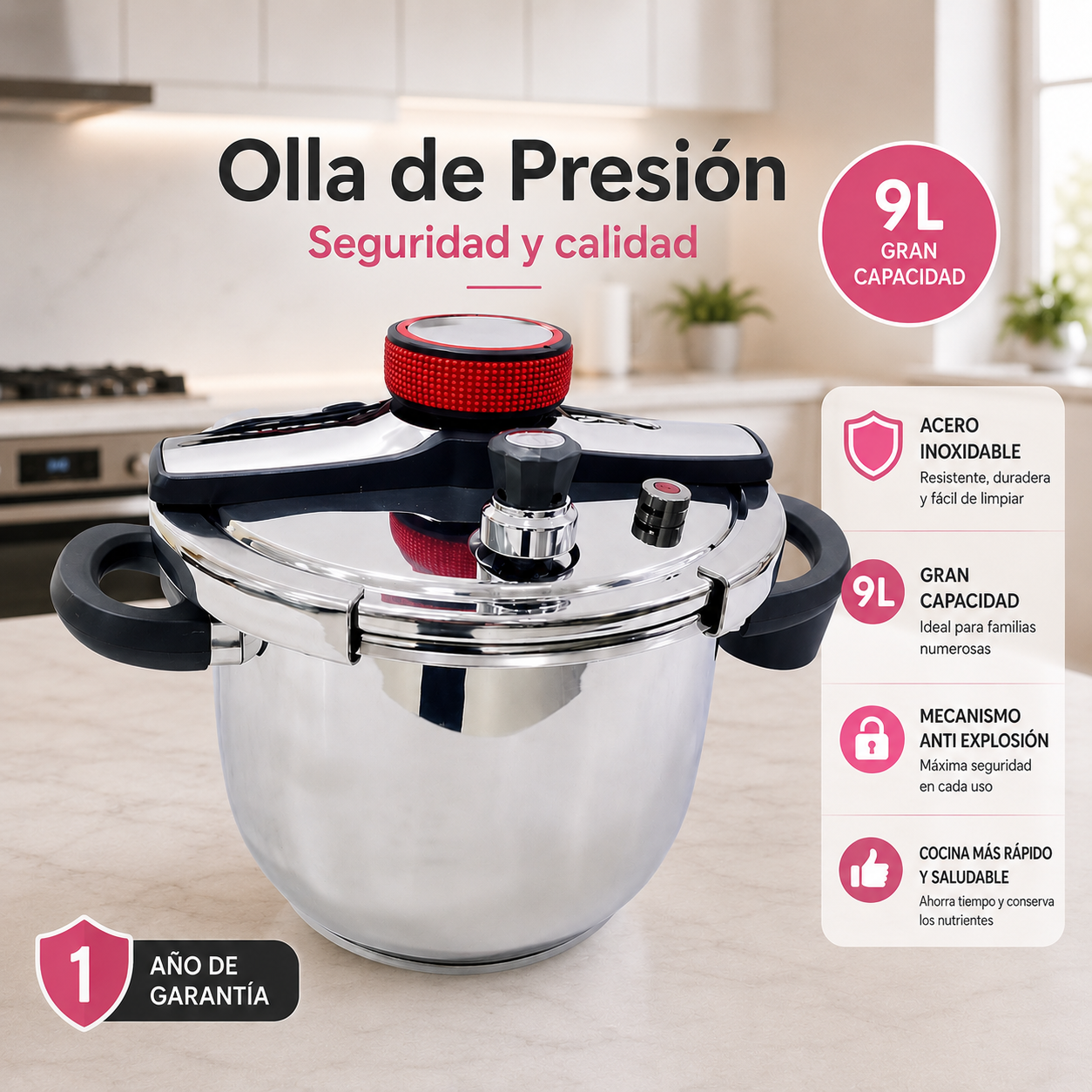 OLLA DE PRESION DE 9 LITROS (ACERO INOXIDABLE) + 1 AÑO DE GARANTIA